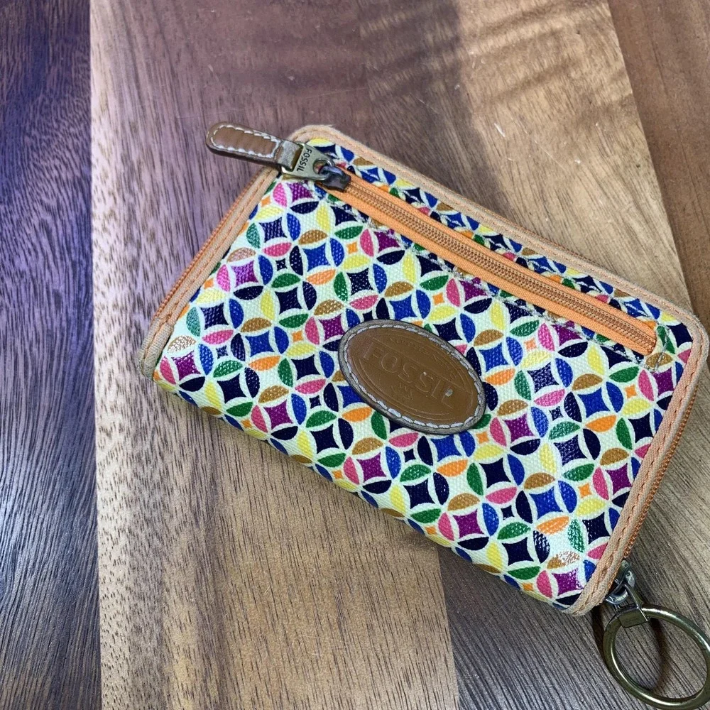 Fossil Wallet Womens Multicolor Geometric Print Zip Around Key‎ Ring SL4-416